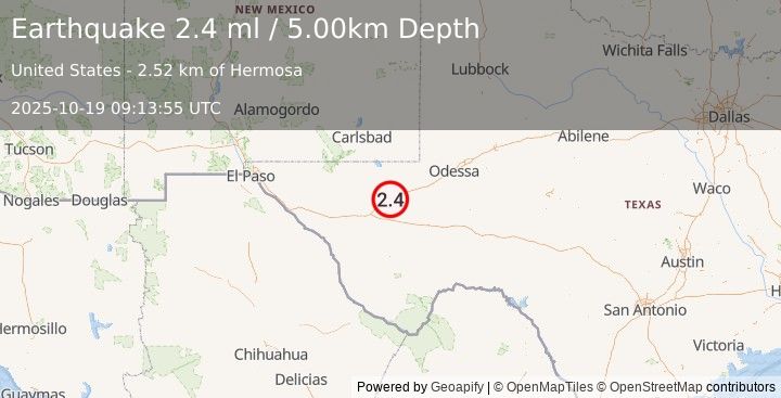 Earthquake 56 km S of Whites City, New Mexico (3.0 ml) (2025-10-19 09:13:42 UTC)