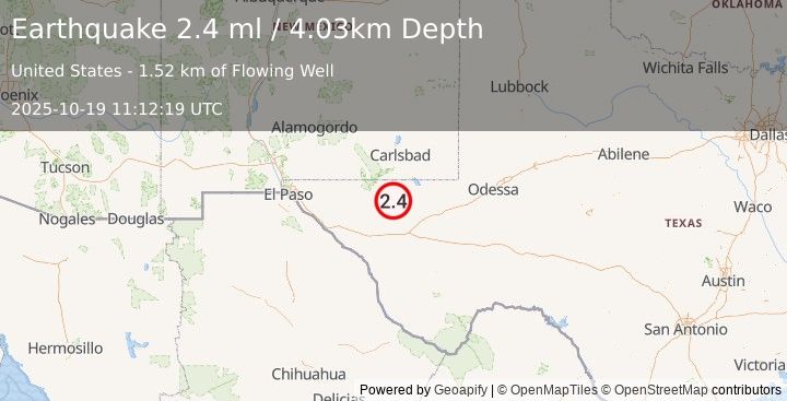 Earthquake 58 km S of Whites City, New Mexico (2.4 ml) (2025-10-19 11:12:19 UTC)