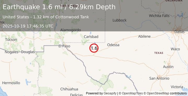 Earthquake 37 km NNW of Toyah, Texas (1.6 ml) (2025-10-19 17:46:35 UTC)