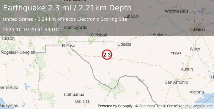 Earthquake 40 km W of Mentone, Texas (1.7 ml) (2025-10-19 20:42:06 UTC)