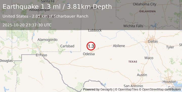 Earthquake 36 km ENE of McKinney Acres, Texas (1.3 ml) (2025-10-20 23:37:30 UTC)