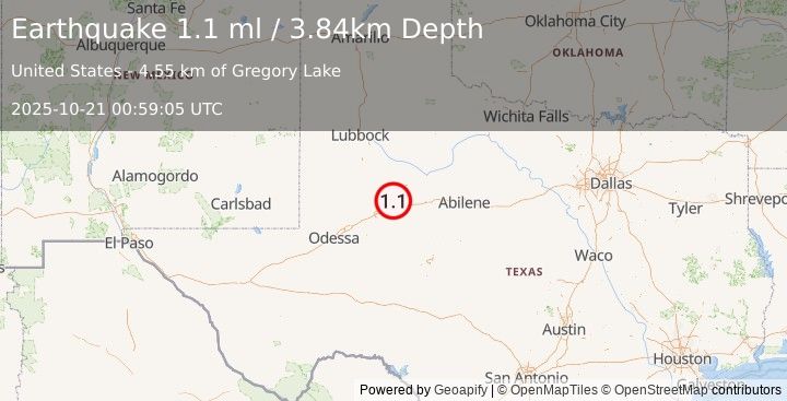 Earthquake 19 km NW of Westbrook, Texas (1.1 ml) (2025-10-21 00:59:05 UTC)