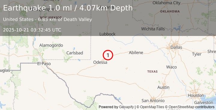 Earthquake 17 km N of Stanton, Texas (1.0 ml) (2025-10-21 03:32:45 UTC)