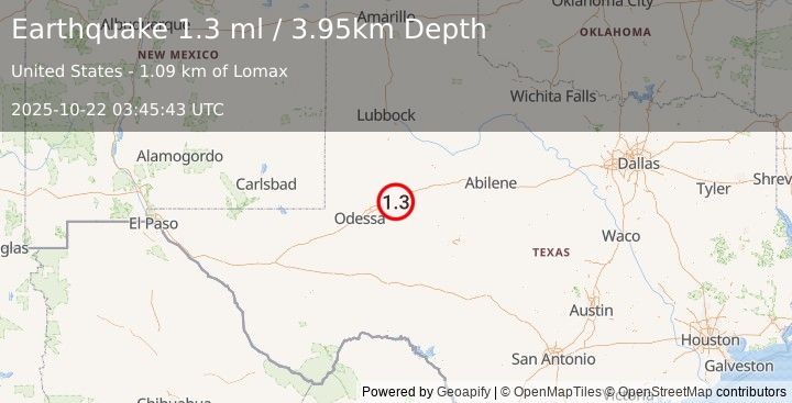 Earthquake 13 km E of Stanton, Texas (1.3 ml) (2025-10-22 03:45:43 UTC)