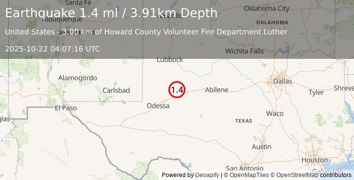 Earthquake 20 km N of Big Spring, Texas (1.4 ml) (2025-10-22 04:07:16 UTC)