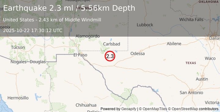 Earthquake 54 km S of Whites City, New Mexico (2.3 ml) (2025-10-22 17:30:12 UTC)