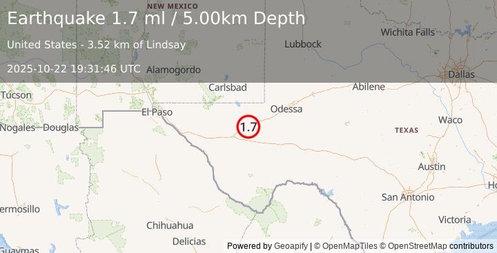 Earthquake 3 km WSW of Lindsay, Texas (1.7 ml) (2025-10-22 19:31:46 UTC)