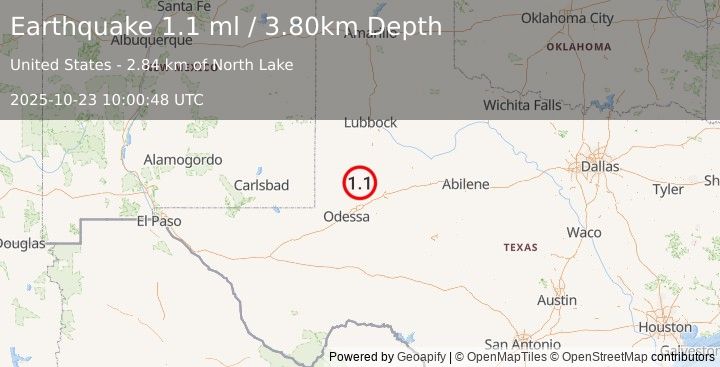 Earthquake 32 km SSW of Los Ybanez, Texas (1.1 ml) (2025-10-23 10:00:48 UTC)