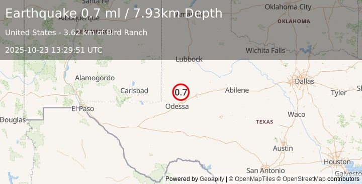 Earthquake 32 km ENE of McKinney Acres, Texas (0.7 ml) (2025-10-23 13:29:51 UTC)