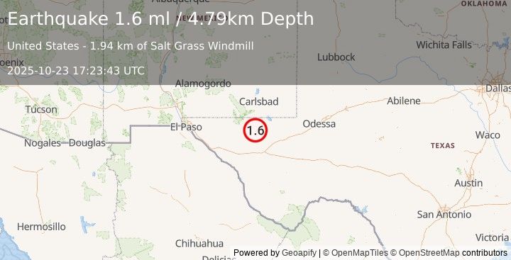 Earthquake 55 km S of Whites City, New Mexico (1.6 ml) (2025-10-23 17:23:43 UTC)