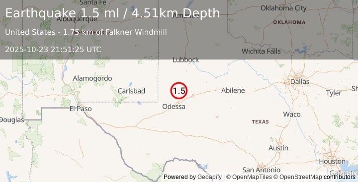 Earthquake 39 km ENE of McKinney Acres, Texas (1.5 ml) (2025-10-23 21:51:25 UTC)