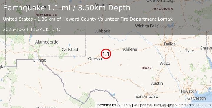 Earthquake 14 km SSW of Big Spring, Texas (1.1 ml) (2025-10-24 11:24:35 UTC)