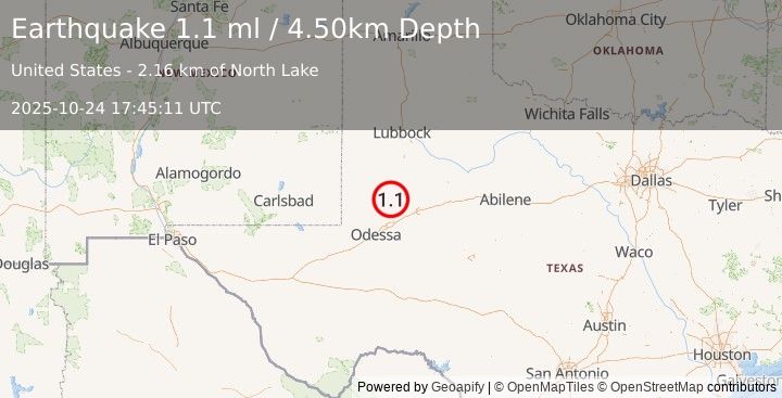 Earthquake 32 km SSW of Los Ybanez, Texas (1.1 ml) (2025-10-24 17:45:11 UTC)