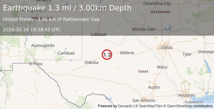 Earthquake 9 km ENE of Coahoma, Texas (1.3 ml) (2025-10-24 19:28:45 UTC)