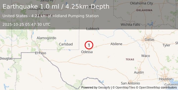Earthquake 33 km E of McKinney Acres, Texas (1.0 ml) (2025-10-25 05:47:30 UTC)