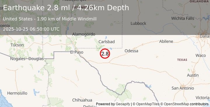Earthquake 56 km S of Whites City, New Mexico (2.8 ml) (2025-10-25 06:50:00 UTC)