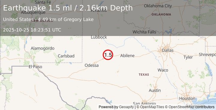 Earthquake 20 km NW of Westbrook, Texas (1.6 ml) (2025-10-25 18:23:50 UTC)