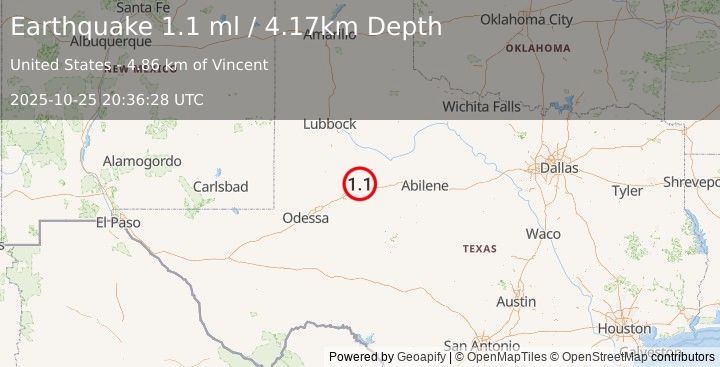 Earthquake 20 km NW of Westbrook, Texas (1.0 ml) (2025-10-25 20:36:29 UTC)