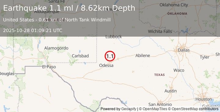 Earthquake 38 km SSW of Los Ybanez, Texas (1.1 ml) (2025-10-28 01:09:21 UTC)