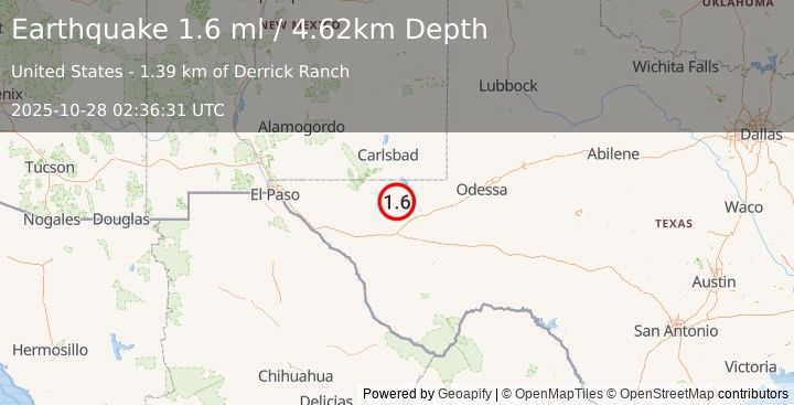 Earthquake 41 km NW of Toyah, Texas (1.6 ml) (2025-10-28 02:36:30 UTC)