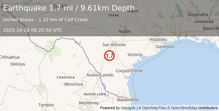 Earthquake 18 km SW of Charlotte, Texas (1.7 ml) (2025-10-28 06:25:50 UTC)