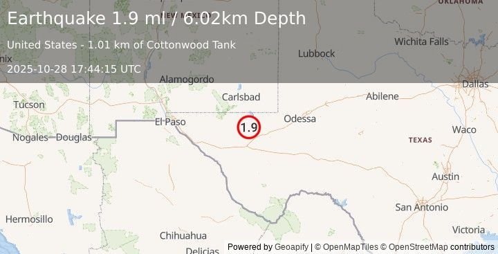 Earthquake 37 km NNW of Toyah, Texas (1.9 ml) (2025-10-28 17:44:15 UTC)