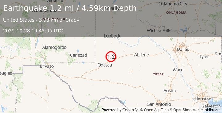 Earthquake 26 km NNW of Stanton, Texas (1.2 ml) (2025-10-28 19:45:05 UTC)