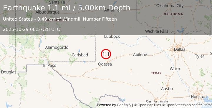 Earthquake 31 km ENE of McKinney Acres, Texas (1.0 ml) (2025-10-29 00:57:29 UTC)