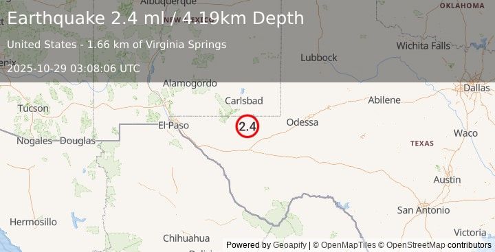 Earthquake 49 km W of Mentone, Texas (2.4 ml) (2025-10-29 03:08:06 UTC)