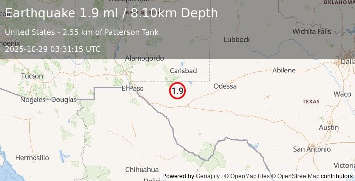 Earthquake 56 km S of Whites City, New Mexico (1.9 ml) (2025-10-29 03:31:15 UTC)