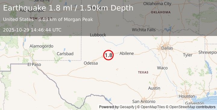 Earthquake 5 km WSW of Westbrook, Texas (1.8 ml) (2025-10-29 14:46:44 UTC)