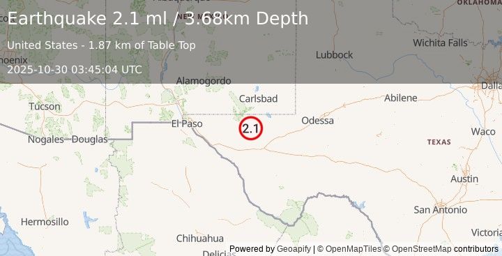 Earthquake 60 km S of Whites City, New Mexico (2.1 ml) (2025-10-30 03:45:04 UTC)