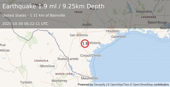 Earthquake 11 km SW of Kenedy, Texas (1.9 ml) (2025-10-30 06:22:11 UTC)