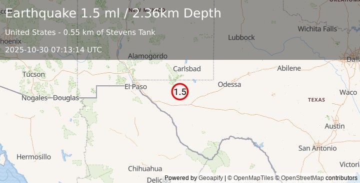 Earthquake 64 km NNE of Van Horn, Texas (1.5 ml) (2025-10-30 07:13:14 UTC)