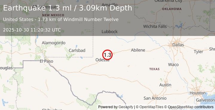 Earthquake 17 km NNE of Midland, Texas (1.3 ml) (2025-10-30 11:20:32 UTC)