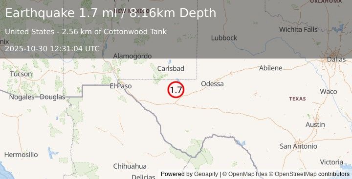 Earthquake 39 km NNW of Toyah, Texas (1.7 ml) (2025-10-30 12:31:04 UTC)