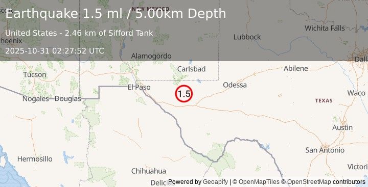 Earthquake 59 km NNE of Van Horn, Texas (1.5 ml) (2025-10-31 02:27:52 UTC)