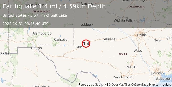 Earthquake 13 km WSW of Stanton, Texas (1.4 ml) (2025-10-31 06:48:41 UTC)