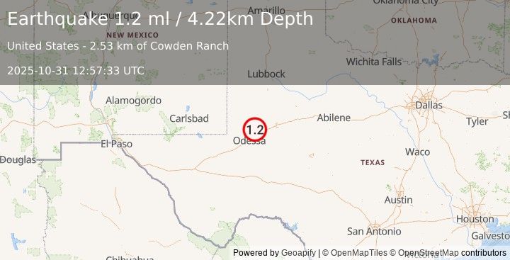 Earthquake 17 km NW of Midland, Texas (1.2 ml) (2025-10-31 12:57:33 UTC)