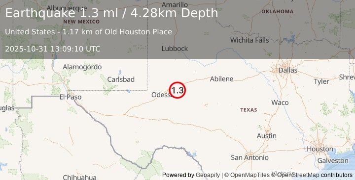 Earthquake 14 km SSE of Stanton, Texas (1.3 ml) (2025-10-31 13:09:10 UTC)