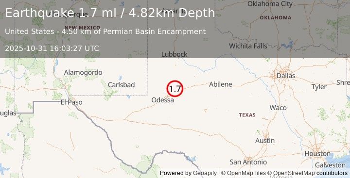 Earthquake 14 km N of Stanton, Texas (1.7 ml) (2025-10-31 16:03:27 UTC)