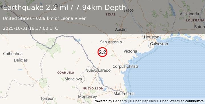 Earthquake 5 km NNE of Hilltop, Texas (2.2 ml) (2025-10-31 18:37:00 UTC)
