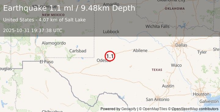 Earthquake 12 km WSW of Stanton, Texas (1.1 ml) (2025-10-31 19:37:38 UTC)
