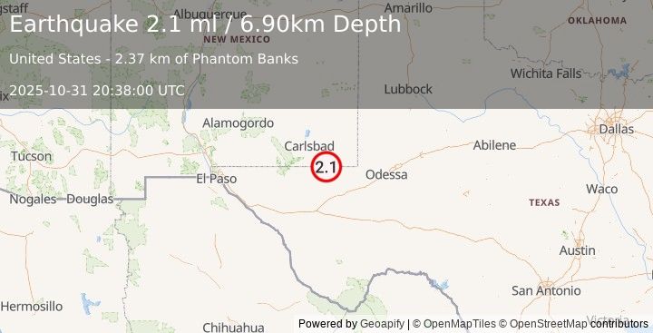 Earthquake 34 km SE of Malaga, New Mexico (2.1 ml) (2025-10-31 20:38:00 UTC)