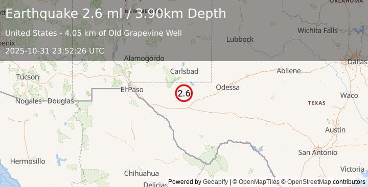 Earthquake 54 km NW of Toyah, Texas (2.6 ml) (2025-10-31 23:52:26 UTC)