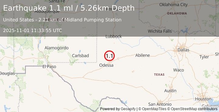 Earthquake 38 km ENE of McKinney Acres, Texas (1.1 ml) (2025-11-01 11:33:55 UTC)