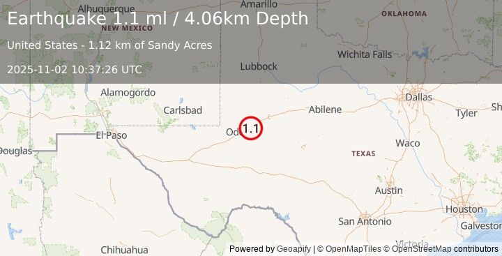 Earthquake 5 km S of Midland, Texas (1.1 ml) (2025-11-02 10:37:26 UTC)