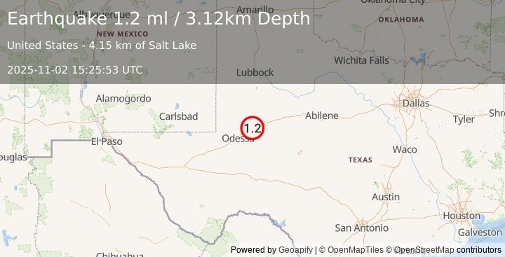 Earthquake 12 km WSW of Stanton, Texas (1.2 ml) (2025-11-02 15:25:53 UTC)