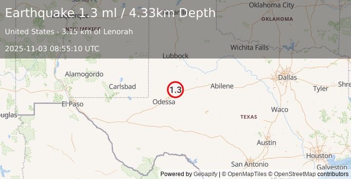 Earthquake 20 km NNW of Stanton, Texas (1.3 ml) (2025-11-03 08:55:10 UTC)