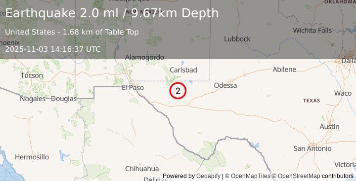 Earthquake 59 km S of Whites City, New Mexico (2.0 ml) (2025-11-03 14:16:37 UTC)